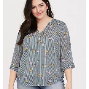 TORRID Harper Metallic Green Floral Striped Pullover Popover Blouse Top 3X